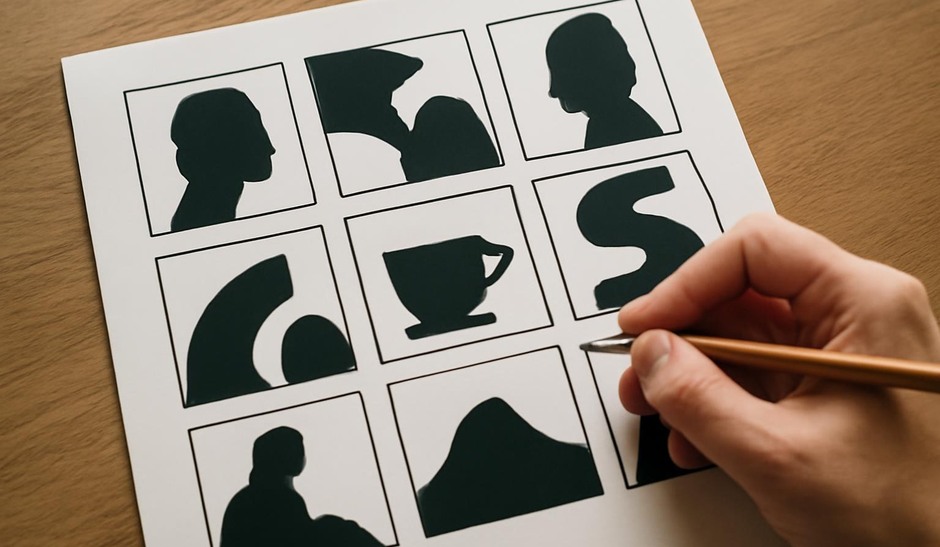 Thumbnail boxes filled with bold silhouettes and negative-space shapes in contrast.