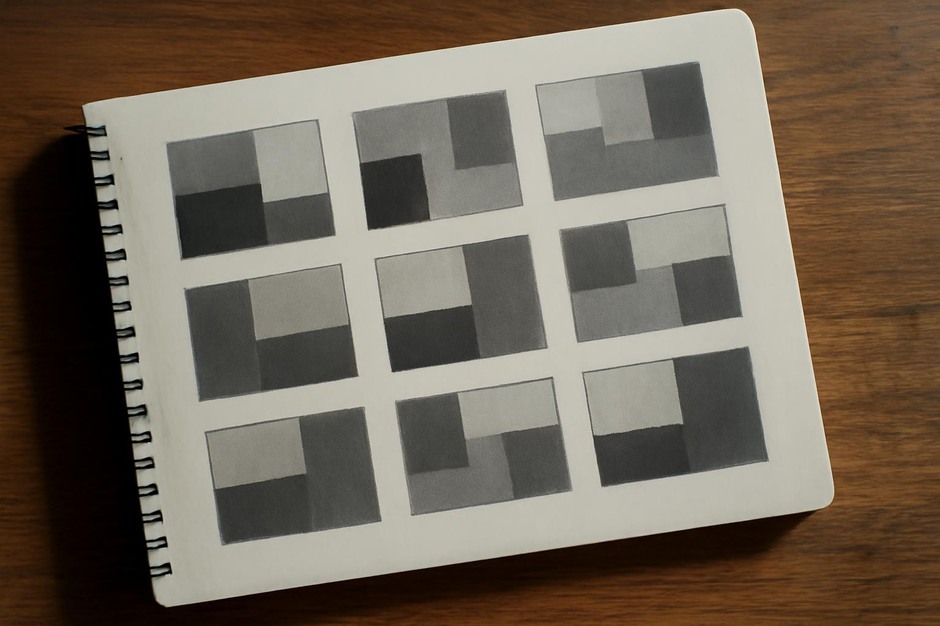 A page of thumbnail value studies showing dark, mid, and light masses arranged to test balance.