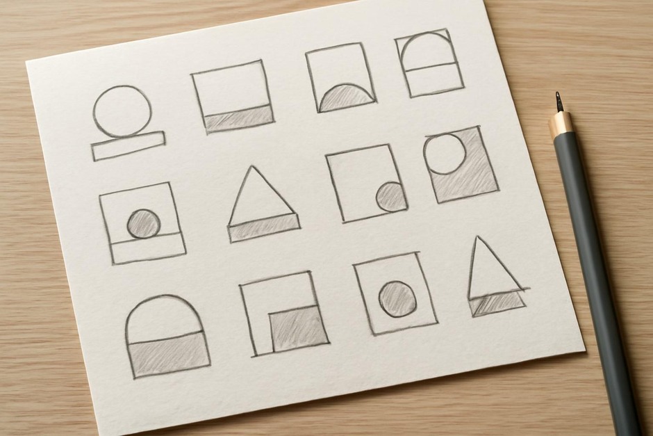 A page of thumbnail sketches showing simple shapes arranged in compositions.