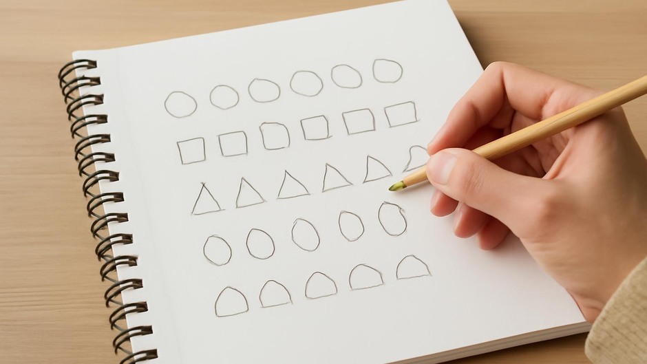 A sequence of thumbnail sketches showing progressive repetition and spacing of shapes to create rhythm.