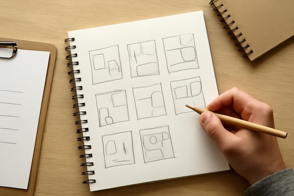 Several thumbnail sketches demonstrating asymmetrical balance through varied shape placement.