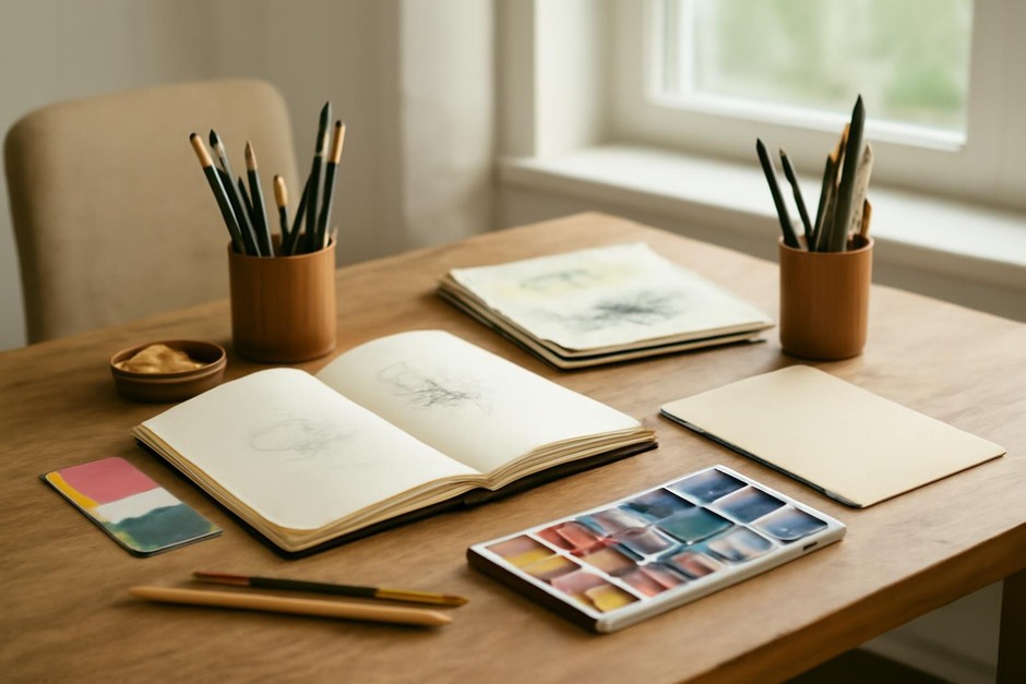 Abstract art desk with color swatches, brush marks, and sketchbook studies.