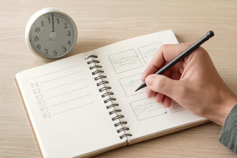 A hand drawing small thumbnail sketches in a notebook with a simple timer nearby.