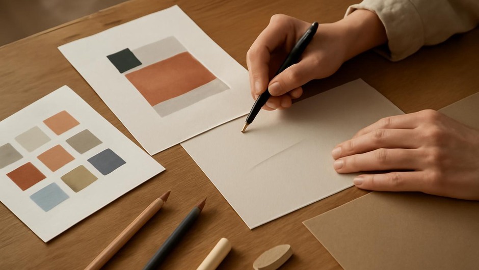 Bright studio image with paint textures, paper layers, and geometric color blocks.